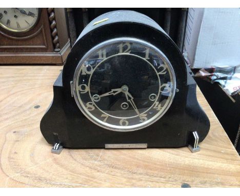 Two black slate mantel clocks together with another oak cased mantel clock (3)