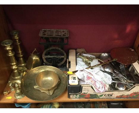 Pair of brass candlesticks, postal scales, plated cutlery and sundries