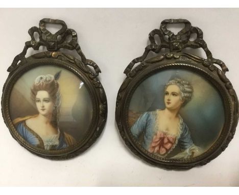 Pair of 18th century style portrait miniatures, together with other items including metalware vase and cover, boxes, pair car