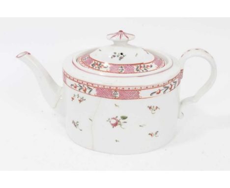 A Keeling type oval teapot and cover, decorated en grisaille, pattern number 91, a globular teapot and cover and an oval teap