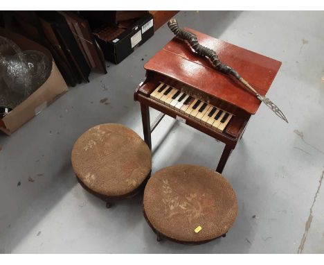 Brass and horn toasting fork, miniature wooden piano, and a pair of footstools (4)