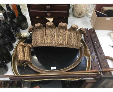 Two 19th century toleware trays , bed crown cresting , stick racks and sundries