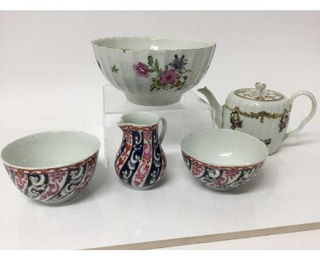 A Worcester teapot and cover, circa 1775, a Worcester fluted bowl, a Worcester Queen Charlotte pattern jug and two matching b