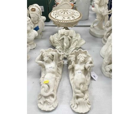 Pair Victorian probably Minton Parian Merman and Mermaid wall brackets , Copeland wall pocket and Popouri vase (4)Condition r