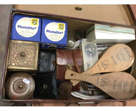 Vintage suitcase containing brass tea caddy, copper tea caddy, vintage camera, ceramics and sundries