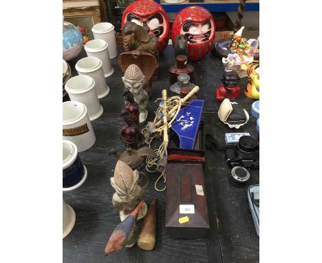 Chinese pewter tea canister together with another tea canister, Chinese figures, mahogany tea caddy and other items