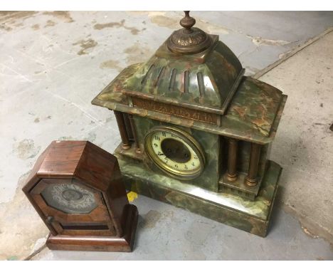 Green onyx architectural mantel clock, 42cm high, and a rosewood mantel clock