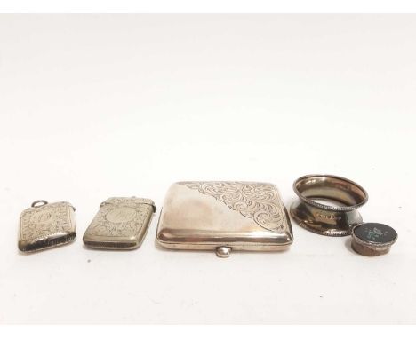 Silver cigarette case, silver napkin ring, small silver pill box, two plated vesta cases and a wooden box