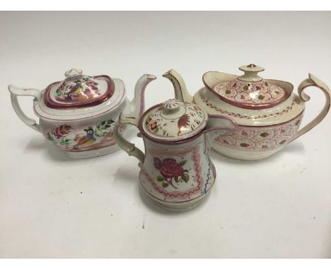 Three 19th century pink lustre teapots and coversCondition report: London shape teapot in good order, oval teapot has a chipp