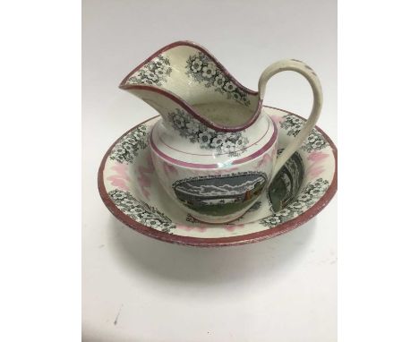 19th century Sunderland lustre jug and basin set, bowl 31cm diameter, jug 22cm highCondition report: Jug has a star hairline 