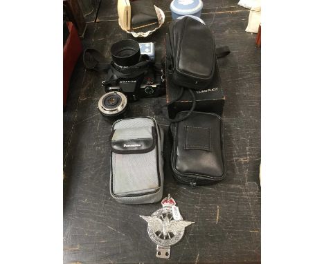 Group of mixed camera, Oak smokers stand, CSMA badge, and sundry China