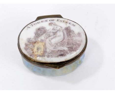 A South Staffordshire enamel patch box 'A Token of Esteem', of cushion form with mirror to underside of lid, 4cm wide