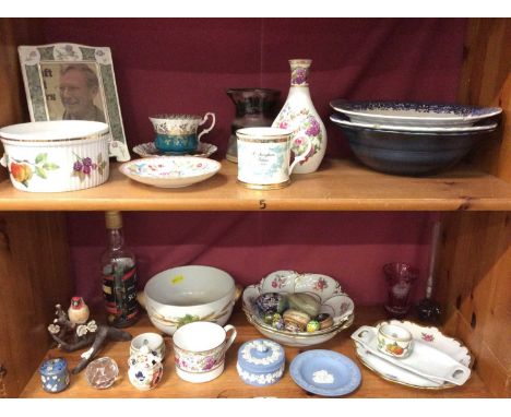 Decorative ceramics including Royal Worcester, Wedgwood Jasperware, Spode cup, glassware, various egg ornaments and bottle fi