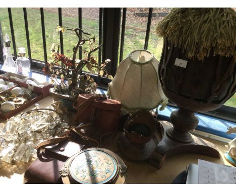 Japanese Cloisonne enamel and hardstone Bonsai tree, together with other items including a Toleware Chestnut basket, cameras,