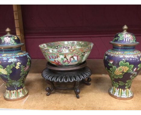 19th century Chinese canton porcelain bowl, 22cm diameter on wooden stand and pair of cloisonne vases and covers Condition re