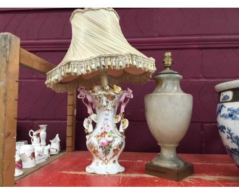 French porcelain table lamp with ornate shade and alabaster lamp (2)