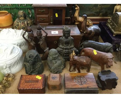 19th Century Mahogany Tea caddy together with Olivewood covered Bible and group of carved wood animal figures