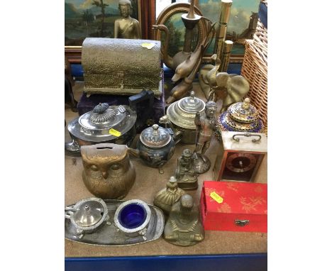 Silver Plated Teapot with fluted decoration, brass animal figures and other metalware (qty)