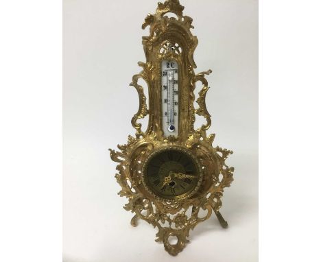 Continental rococo revival gilt metal combination clock / barometer, the enamel dial signed R.C., drum clock movement signed 