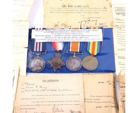 A Great War military medal group of 4 medals, awarded to T1/5350 Driver Peter King Army Service Corp, attached 21st Field Amb