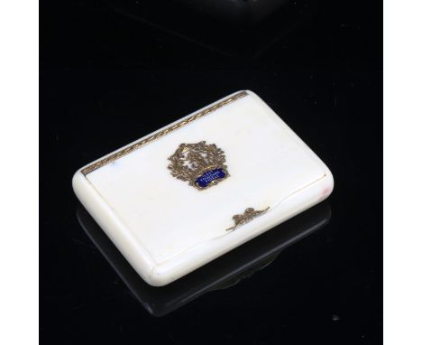 A 19th century French ivory gold and silver-gilt pocket vanity case, the hinged lid having an inset enamelled gold filigree p