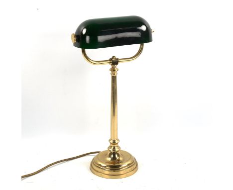 A brass student's desk lamp with green glass shade, height 46cm, modern 