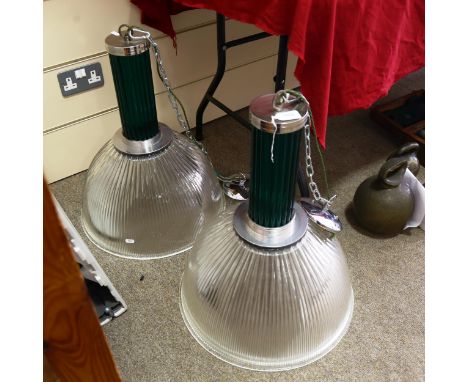 A pair Holophane pendant light fittings, with green glass upper part, height approx 60cm, diameter 46cm 