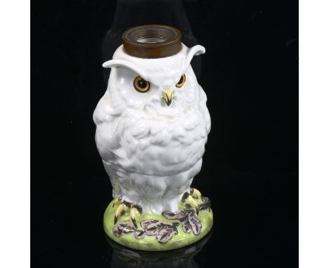 A William Whiteley porcelain owl design oil lamp base, height 18cm 
