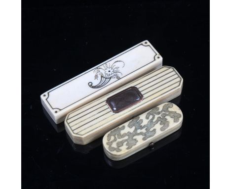 3 Georgian ivory and gold inlaid toothpick cases, 1 with hair panel on the lid (3) 