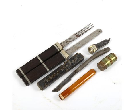 A 19th century ebony and nickel campaign knife and fork, together with horn-handled pocket knife, cigar cutter, cylindrical b