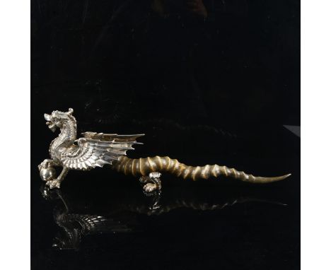 An antique Walker and Hall table-top lighter, silver plate dragon form with antelope horn body, makers marks, length 50cm.Goo