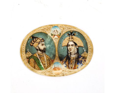 19th century Indian miniature double portrait on ivory, depicting a Royal couple and palace buildings, in gilded surround, wi