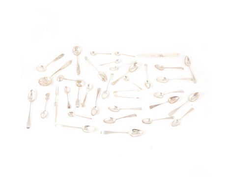 A collection of Georgian silver teaspoons, Old English pattern; a pair of Fiddle pattern salts; other silver and plated cutle