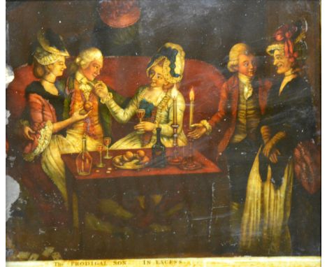 The Prodigal Son in Excess, inverse print on glass, some damage/ flaking, 25 x 28cm.