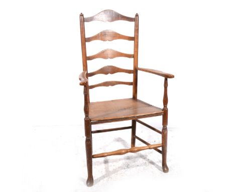 An ash ladder-back elbow chair, solid seat, height 110cm.