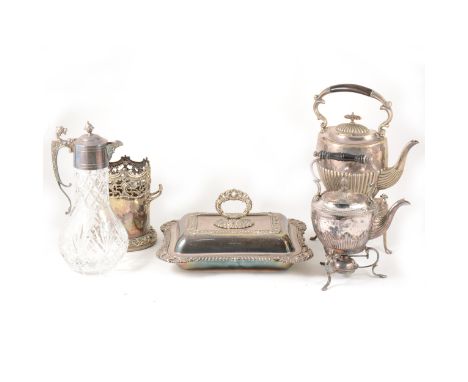 Quantity of silver plated ware, including decanter stand, spirit kettle on stand, etc