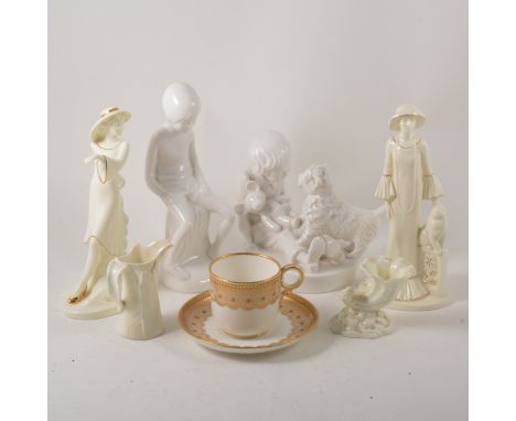 A collection of decorative ceramics, including Royal Worcester tea cup and saucer, raised paste gilt decoration, and two crea