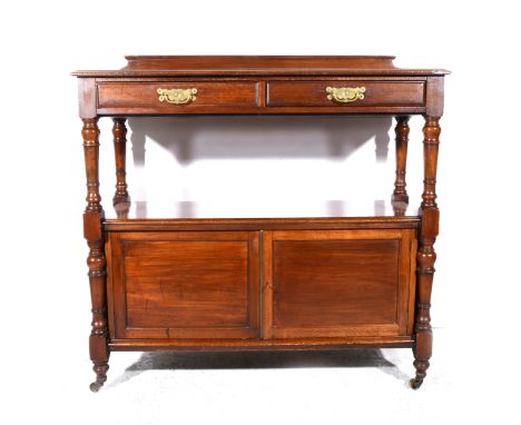 A mid 19th Century mahogany two-tier dumb waiter, shallow back rail, moulded top, two frieze drawers with moulded outlines, f