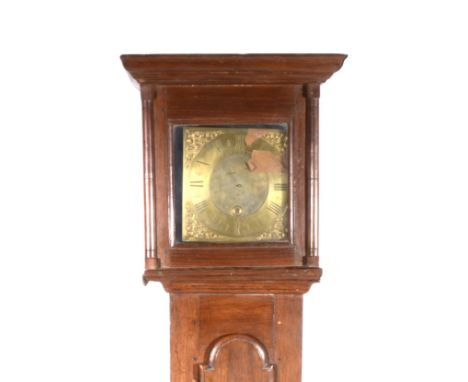 An oak country-made longcase clock, signed T. Steckler, Bolney, brass dial with single hand, cast brass cherub spandrels, thi