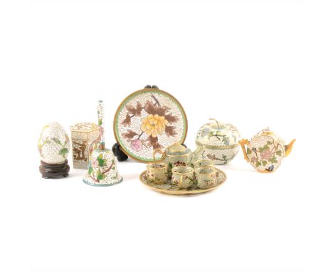 A collection of small cloisonné decorative items, bell, egg, teapot, apple trinket pot, 10.5cm plate, 5.5cm hexagonal pot and