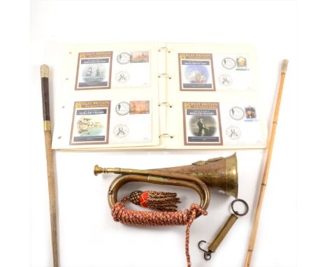 A Royal Engineers bamboo wagger stick, 70cm, a Royal Artillery hunting crop, 65cm, a reproduction military brass bugle and a 