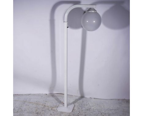 A modern standard lamp, white lacquered tubular steel frame, supporting an opaque perspex globe shade, height 171cm.