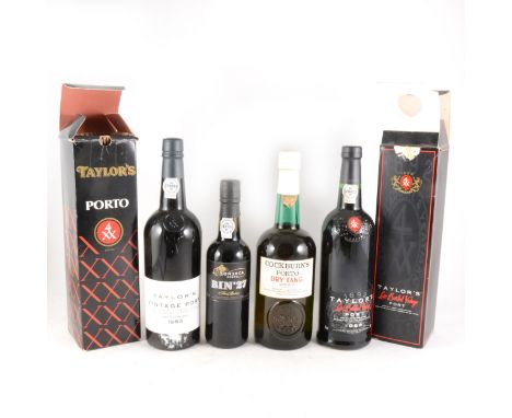 Three bottles of port and a half bottle of port, including: Taylor's Vintage 1983; Taylor's LBV, 1989, boxed; Cockburn's Dry 