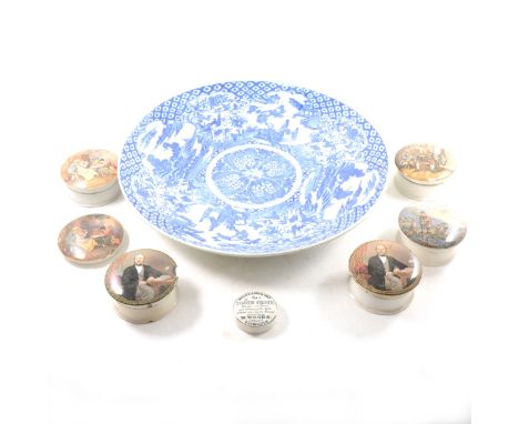 A large Chinese blue and white charger, four character blue seal mark, 46cm diameter; and a seven Staffordshire pot lids, mos