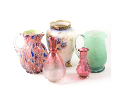 A selection of coloured glass and other ceramics, including a large ruby glass table bell, an engraved crystal glass goblet f