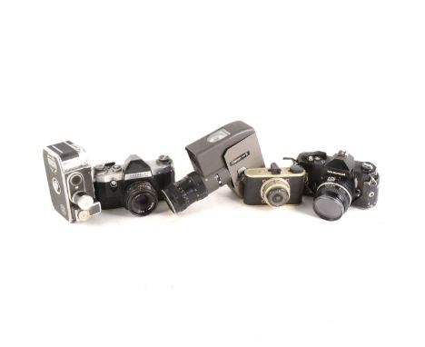 Vintage cameras and cine camera; a quiantity in one fruit box including; Nikon SLR Nikkormat camera with Nikkor 50mm lens, Ta