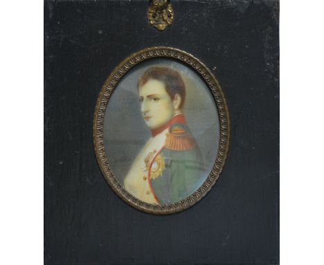 A portrait miniature of a young Napoleon,, indistinctly signed, in ebonised frame, 8 x 6cm; Monogrammist HST, Interior scene,