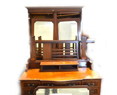 Victorian inlaid mahogany bedroom suite, comprising dressing table with shaped rectangular mirror above trinket drawers, seve