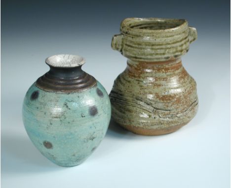 Janet Leach (British, 1918-1997), a St Ives stoneware vase, with oatmeal glaze, incised with waves and two applied lug handle