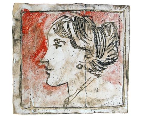 Quentin Bell, (British, 1910-1996), a handmade tile, incised with the profile of a woman in brown, against a red background, 